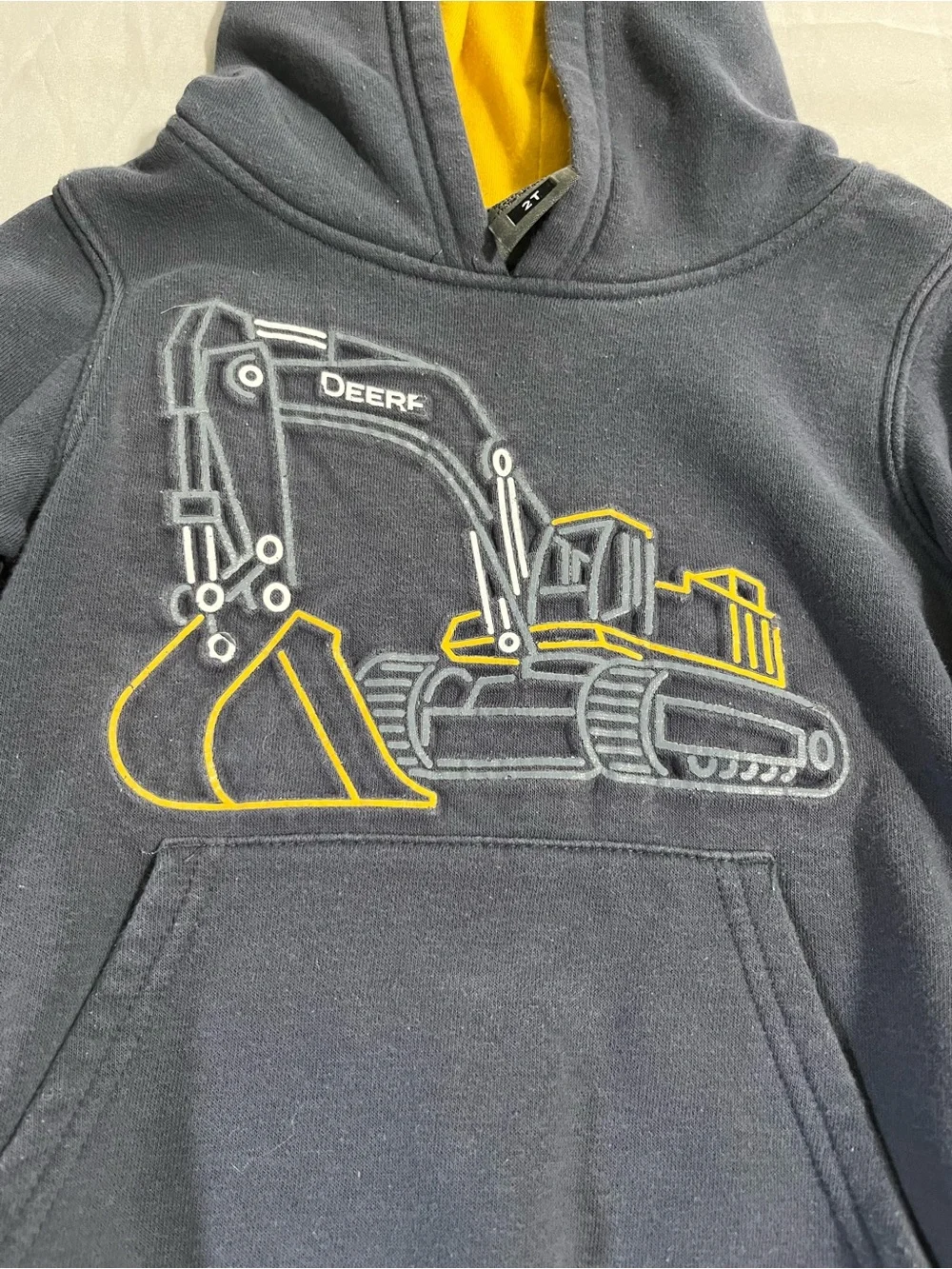 John Deere Dark Blue Hoodie with Yellow Hood Lining and Excavator Patch Size 2T